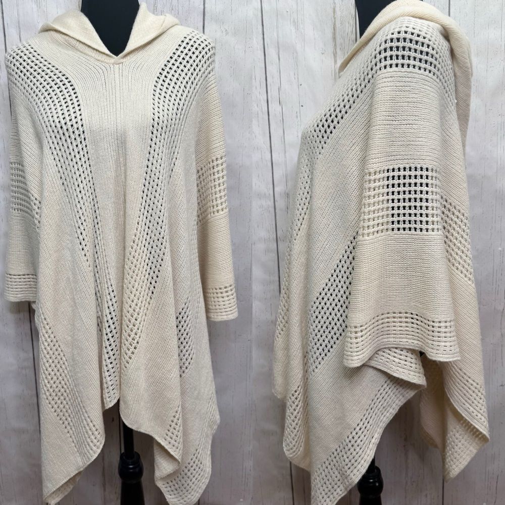 Sleeping on Snow Hooded Cream Open Knit Poncho Boho Cozy Layer Cottagecore Soft